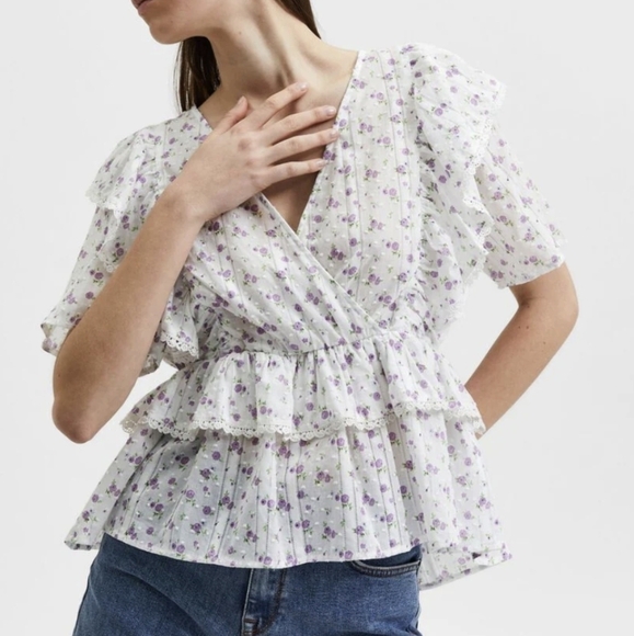 Selected FEMME Susy Ruffled floral blouse top 34 xs - Picture 4 of 16